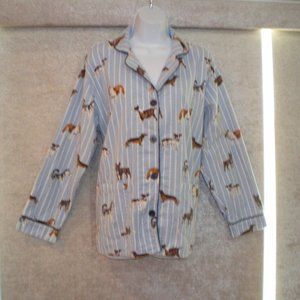 Cute  PJ Salvage Blue/White Striped Pajama TOP w/Dogs French Bull Dog Too Sz M